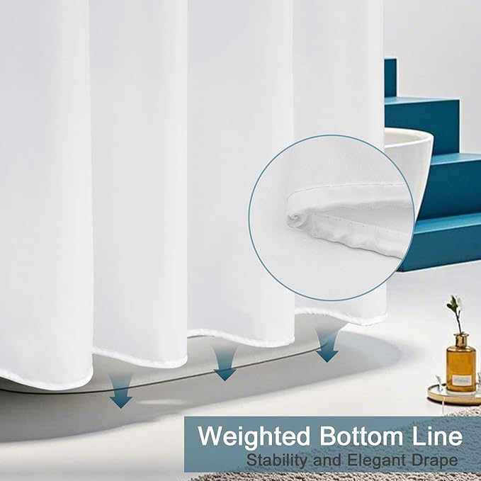 AooHome White Fabric Shower Curtain Liner, Bathroom Curtain with Hooks for Hotel, Waterproof, Weighted Hem, 72 Width x 75 Height Inch