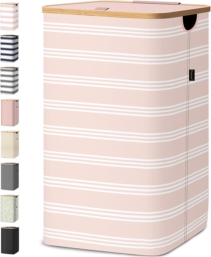 BALEINE Laundry Hamper with Lid, Tall Laundry Baskets with Bamboo Pull Handles, Large Laundry Bin with Internal Support (18 Gal/70L, Pink Pinstripe)