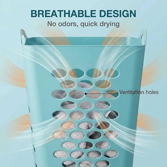 (2 Pack) 2 Bushel Square Laundry Hamper, Teal Lightweight Plastic Tall Laundry Basket with Handles, Ventilation Design for Bedroom, Bathroom, Laundry Room, College Dorm.