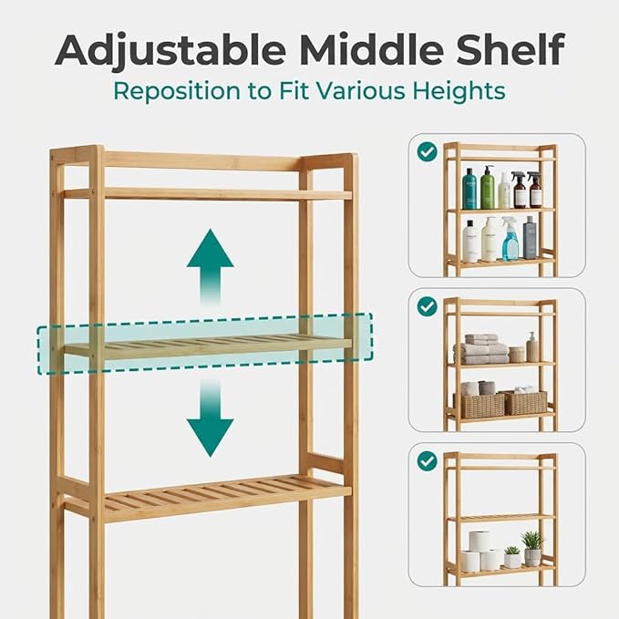 Over the Toilet Storage, 3-Tier Bamboo Bathroom Organizer with Adjustable Shelf, Space-Saving Rack, 66.9" Tall (Rust Brown)