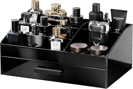 ProCase Cologne Organizer with Drawer, Acrylic Perfume Holder & Bathroom Countertop Organizer for Men & Women, Dresser Vanity Storage for Cologne, Perfume and Skincare -1 Layer
