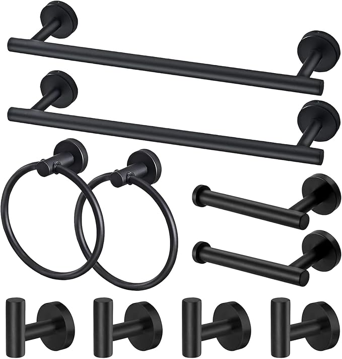 Bathroom Hardware Set, 16" Bathroom Towel Holder with Toilet Paper Holder, Towel Ring, Towel Hook, Bathroom Accessories for Kitchens, Laundry Rooms (10, Black)