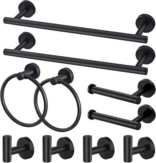 Bathroom Hardware Set, 16" Bathroom Towel Holder with Toilet Paper Holder, Towel Ring, Towel Hook, Bathroom Accessories for Kitchens, Laundry Rooms (10, Black)