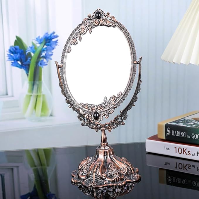 Guppy Small Metal Vintage Makeup Mirror, Floral Tabletop Oval Cosmetic Mirror, Vintage Swivel Double Sided Cosmetic Mirror, with Embossed Frame Base, Retro Mirror for Dressing Bedroom-Red Bronze