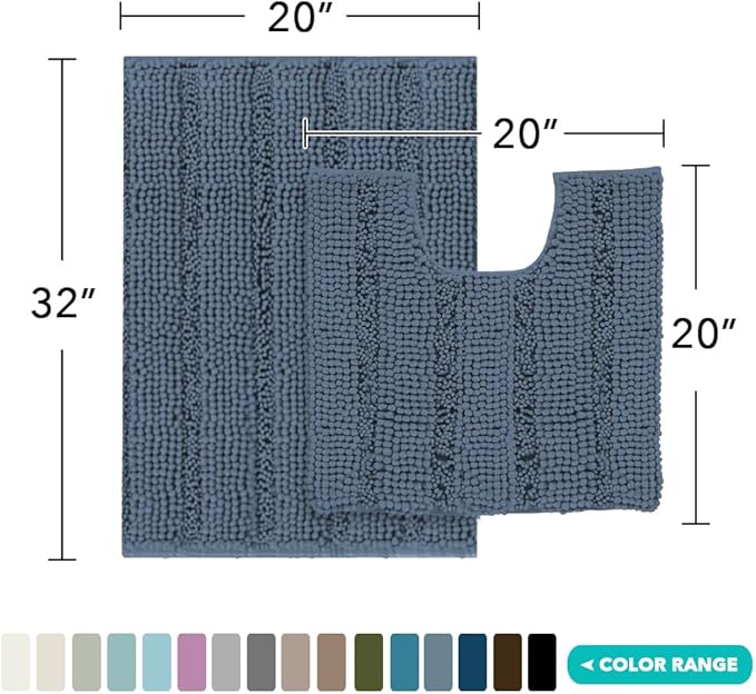 Turquoize Chenille Bathroom Rugs Non-Slip Bath Mats for Bathroom Super Absorbent Shaggy Rugs for Tub Shower Toilet Plush Bath Rug Plus U Shaped Rug (Standard: 20" x 32" and 20" x 20" U), Blue Indigo
