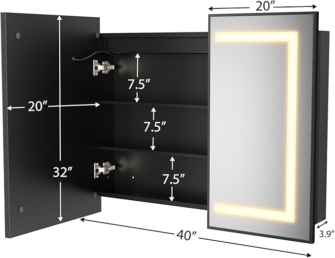 ROOMTEC Lighted Medicine Cabinet with Mirror 40"x32", Wall Mounted Bathroom Mirror with Storage, 2 Doors Bathroom Wall Cabinet with LED Lights, Black