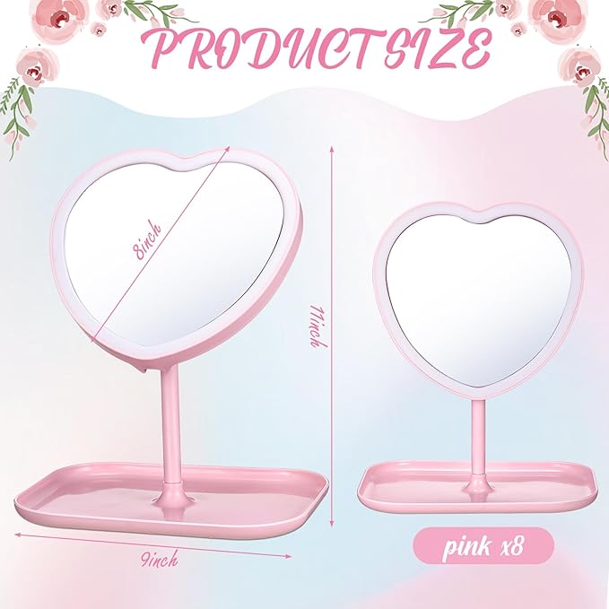 8 Pcs Spa Party Supplies 8 Heart Shaped Mirror Spa Party Mirror for Girls Sleepover Party Favors Makeup Mirror for Spa Party Sleepover Party Slumber Birthday Party Favor, Pink