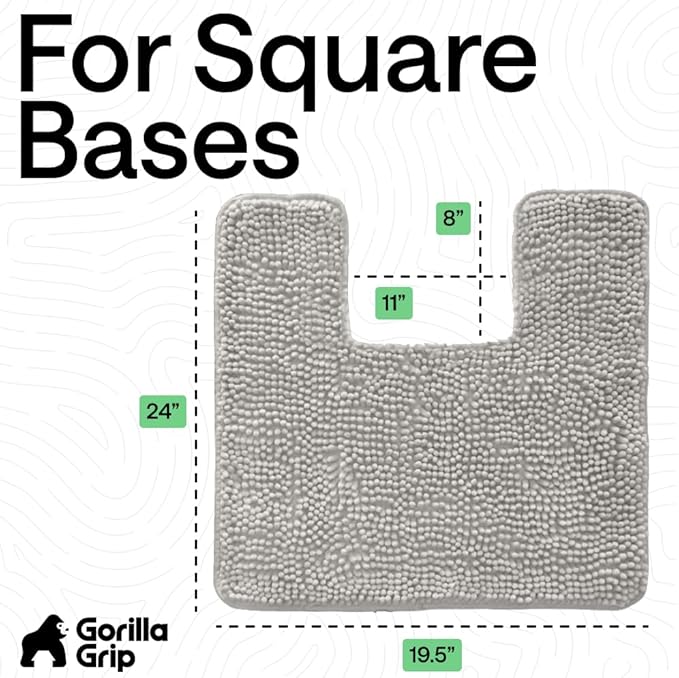 GORILLA GRIP Plush Absorbent Shaggy Chenille Bath Rug Mat for Square Toilet Base with Rubber Backing, Machine Washable Rugs, Soft Microfiber Contour Mats for Toilets, Bathroom Decor, Lt Gray