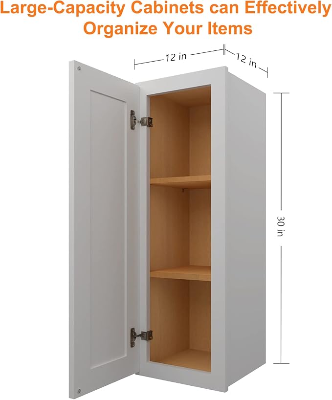 ROOMTEC (Light Gray Wood Wall Cabinet, RTA Single Door Medicine Cabinet with Adjustable Shelves and Soft-Close Door for Kitchen, Bathroom, and Laundry. 12" D*12" W*30" H