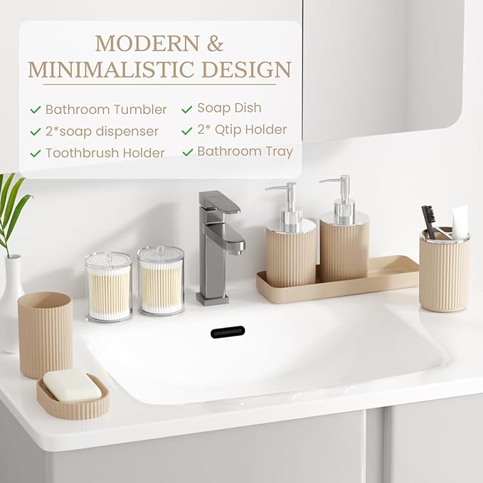 Beige Bathroom Accessories Set, 10PC Bathroom Set, Bath Accessory with Pop Up Trash Can, Soap Dispenser, Toilet Brush, Toothbrush Set Qtip Holders & Tray