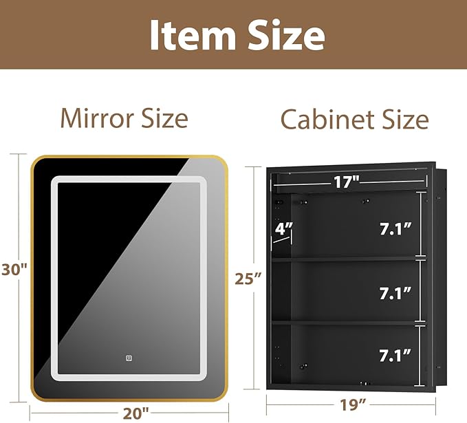 LOVMOR Led Medicine Cabinet with Mirror, Bathroom Vanity Mirror Cabinet with Shelves, 3-Color Lights Dimmer, Gold 30" H x 20" W