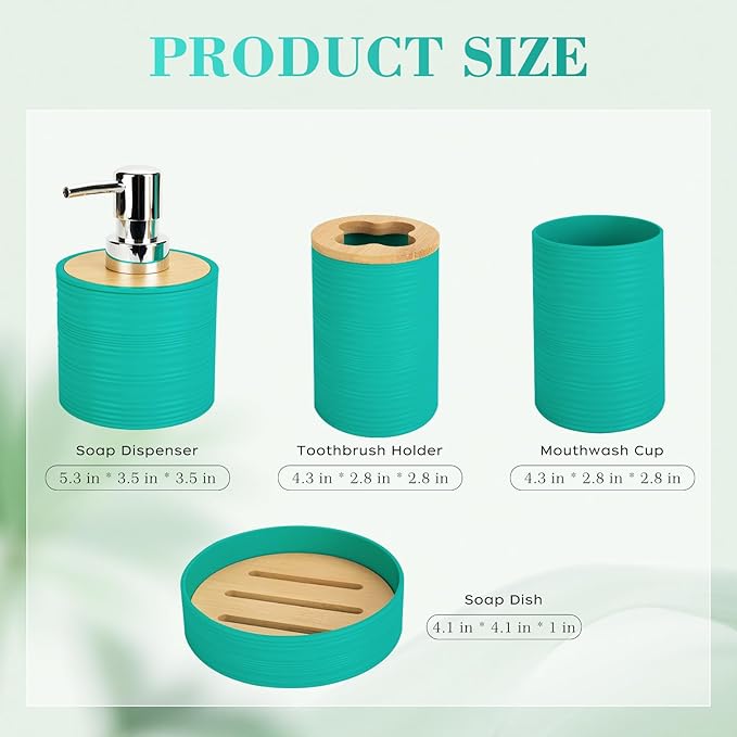 4 PCS Teal Bathroom Accessories Set, Includes a Soap Dispenser, Toothbrush Holder, Soap Dish and Mouthwash Cup, Plastics & Bamboo Bathroom Set, Bohemian Style Bathroom Sink Set