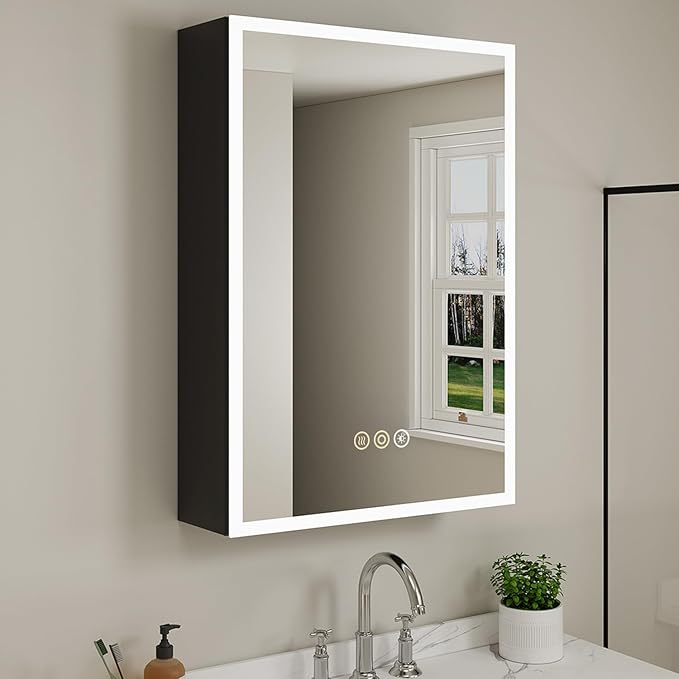 Buruis 20 x 28 Inch Medicine Cabinet with LED Lights and Mirror, Recessed/Wall Mounted Bathroom Cabinet, 3-Color Light, Defogger, Memory Function, Outlet & USB, Dimmer, Black