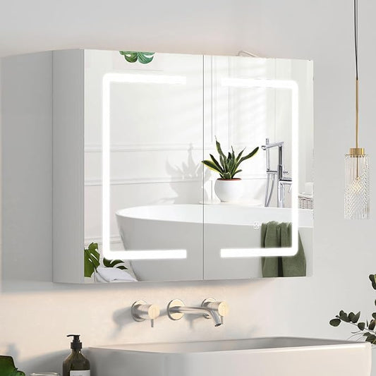 Medicine Cabinet with Lights, Lighted Bathroom Medicine Cabinet with Sockets & USB, Large Mirror Cabinet with Electrical Outlet, LED Mirror Cabinet,Color Adjustment,Wall Mounted 32X24Inch