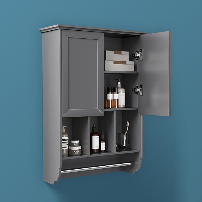 VANIRROR Bathroom Wall Cabinet with Towel Bar,Wooden Medicine Cabinet Adjustable Shelves,23x32 Inch Kitchen Cabinet,Over Toilet Storage Cabinet for Bathroom,Kitchen,Laundry