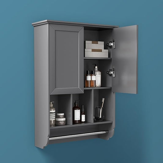VANIRROR Bathroom Wall Cabinet with Towel Bar,Wooden Medicine Cabinet Adjustable Shelves,23x32 Inch Kitchen Cabinet,Over Toilet Storage Cabinet for Bathroom,Kitchen,Laundry