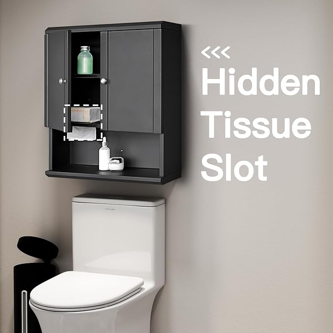 Fundin Black Bathroom Wall Metal Cabinet with Hidden Tissue Slot & Adjustable Shelves, Over The Toilet Storage Cabinet for Bathroom Laundry Room