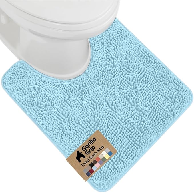 GORILLA GRIP Plush Absorbent Shaggy Chenille Bath Rug Mat for Oval Toilet Base with Rubber Backing, Machine Washable Rugs, Soft Microfiber Contour Mats for Toilets, Quick Dry, Bathroom Decor, Sky