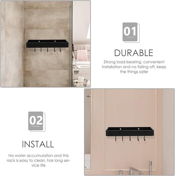 Homoyoyo Aluminum Bathroom Shelf Wall-Mounted Floating Rack 30cm Black No-Drill Storage Organizer with Hooks for Home and Bathroom Wall Holder