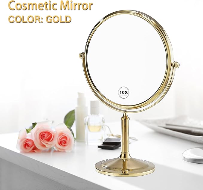 Airemoon 10x Magnifying Makeup Mirror, Standing 360-Degree Rotating Makeup Mirror, 8-Inch Gold Frame Shaving Mirror, 13-Inch Length × 9-Inch Width Beauty Mirror