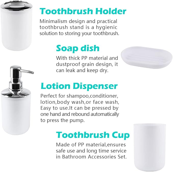 Papillon 6-Piece Bathroom Organization Set, Toothbrush Holder with Cup, Soap Dispenser & Dish, Toilet Brush, Trash Can, Tumbler Set (White)