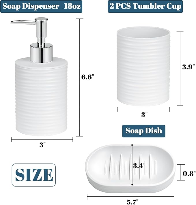 Plastic Bathroom Accessories Set 4Pcs, White Bathroom Accessory Set Includes Liquid Soap Dispenser with Rust-Proof Plastic Pump, 2Pcs Bathroom Cup, Soap Dish for Modern Home Apartment