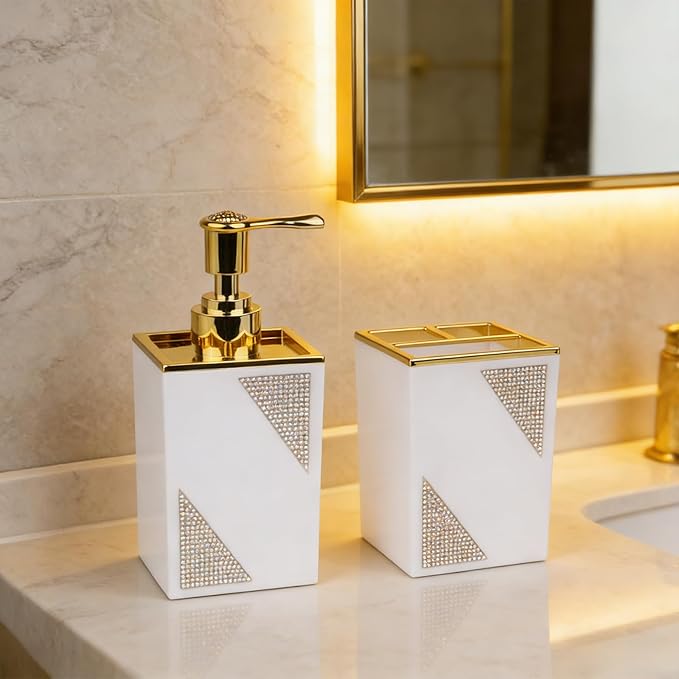 Bathroom Accessories Set, Square 2-Piece White Soap Dispenser & Toothbrush Holder with Sparkling Inlaid Diamonds, Modern Geometric Vanity Set