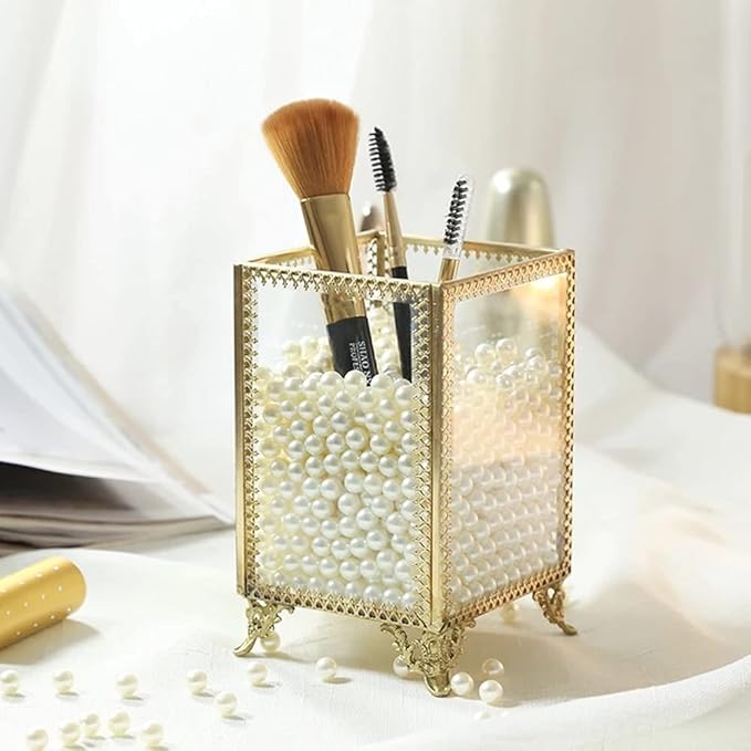 HKS Makeup Brush Holder Vintage Glass Handmade Organizer with White Pearls for Nail Brush, Vanity, Bathroom, Dresser, Countertop - Gold