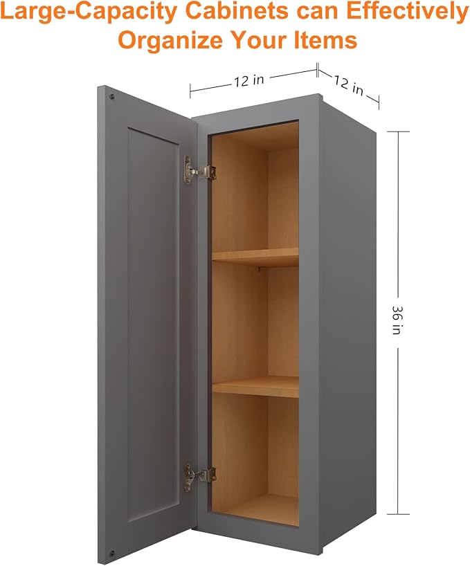 ROOMTEC Wood Wall Cabinet,RTA Single Door Medicine Cabinet with Adjustable Shelves and Soft-Close Door for Kitchen, Bathroom, and Laundry. 12" D*12" W*36" H, Shaker Grey
