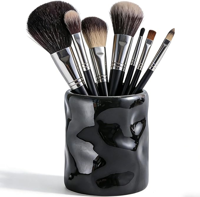 Premium Ceramic Makeup Brush Holder - Weighted & No-Tip Organizer with Easy-Clean Glaze, Vanity Storage for Brushes, Elegant Bathroom & Dresser Tabletop Decor An ideal gift for women (black)