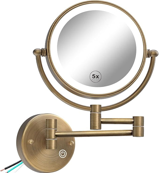 8" Hardwired Lighted Makeup Mirror Wall Mounted, 1X/5X Double Sided 3-Colors LED Lighting Touch Dimming Extended Arm 360 Rotation no Bending Magnifying Mirror for Bathroom, Antique Brass