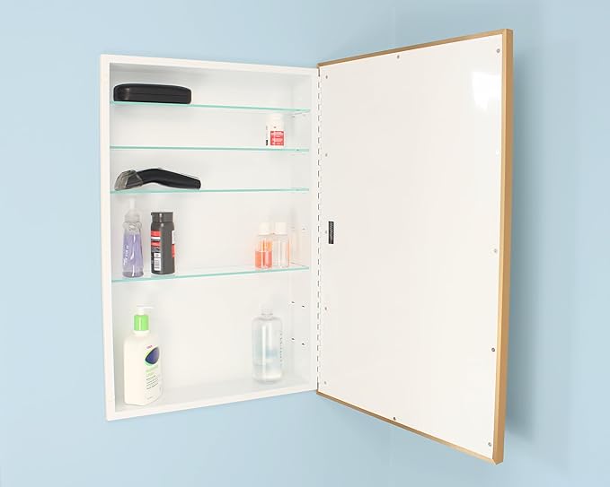 Fox Hollow Furnishings 20x30 Parker Metro Metal Framed Rectangle Recessed Bathroom Medicine Cabinet, Floating Mirror, 18x28 in-Wall Opening, Steel, Adjustable Glass Shelves, Magnet Close, Gold