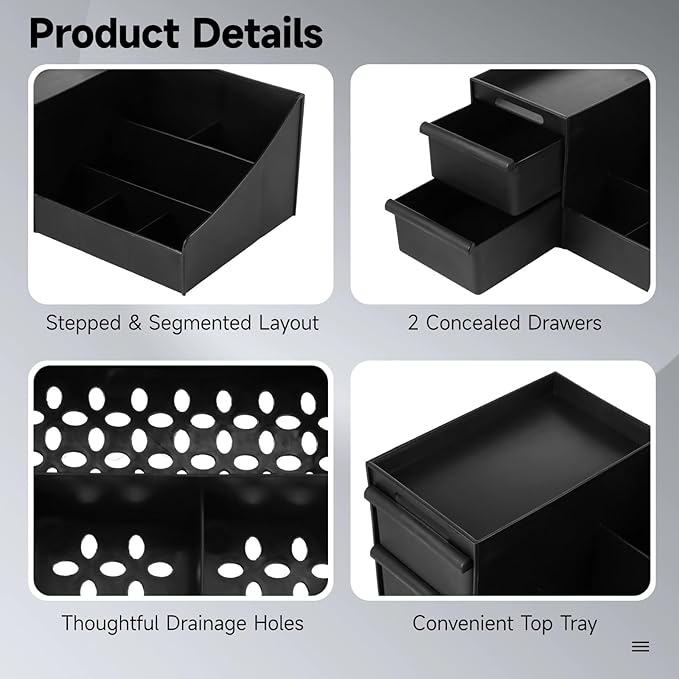 Men's Cologne Organizer for Countertop, Black Cologne Stand with Drawers and Tiered Compartments, Bathroom Organizer for Men with Drainage Holes, Grooming Storage Tray for Sink Counter