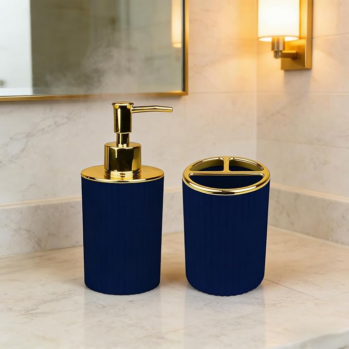 Bathroom Accessories Set, 2-Piece Navy Blue & Gold Soap Dispenser & Toothbrush Holder, Modern ABS Vanity Organizer for Countertop, Minimalist Bathroom Decor