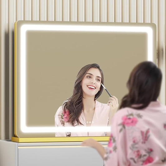 Gvnkvn Makeup Vanity Mirror with USB Charging Port 19" L x 24" W LED Makeup Mirror, Desk Mirorr with Lights, Light up Mirror with 10X Magnification and, Dimmable 3 Modes, Touch Control Gold