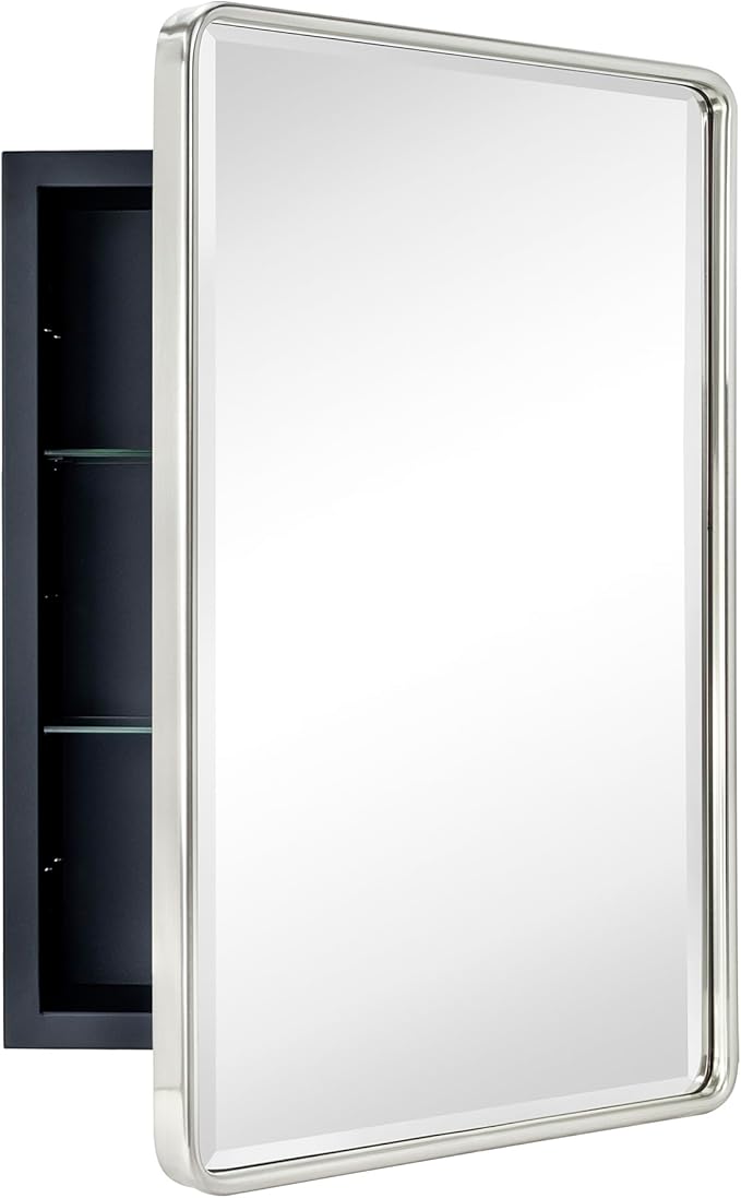 TEHOME Surface Mount 16x24 Brushed Nickel Bathroom Medicine Cabinet with Mirror Metal Framed Rounded Rectangle Medicine Cabinet with Beveled Mirror