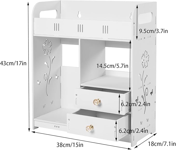LYNICESHOP Wall Mount Bathroom Cabinet with 2 Drawers,Waterproof PVC Wall Shelf for Bathroom Storage, 33lbs Capacity Nail-Free Adhesive Mount, White Modern Vanity Organizer