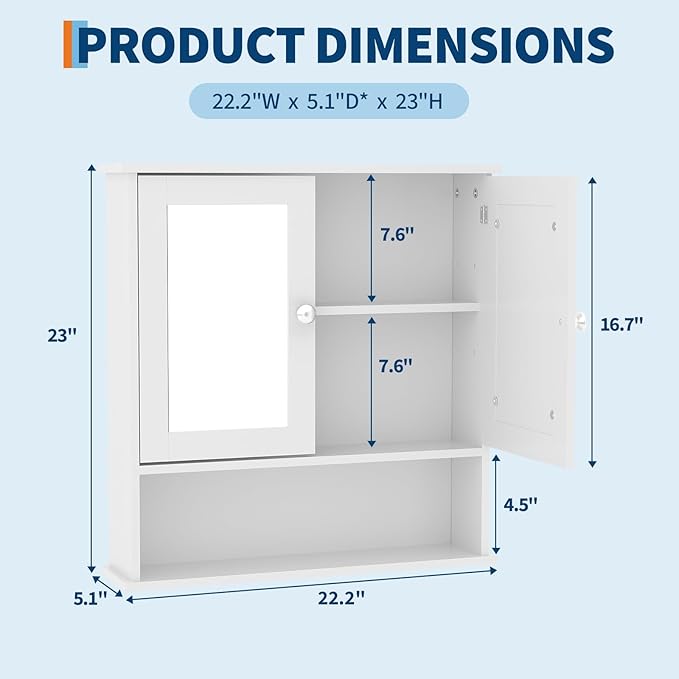 Bathroom Wall Cabinet with Mirrored Doors – Slim Medicine Cabinet with Adjustable Shelf – 2.2x23x5.1 Inch Compact Wall Cabinet for Bathroom, Kitchen, Laundry Room, Entryway