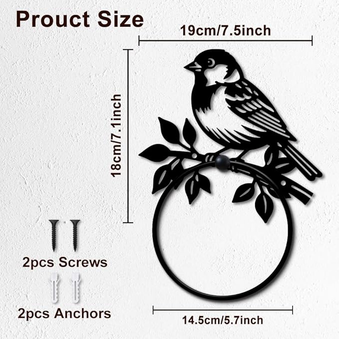 MAYJOYDIY Bird Metal Towel Ring Round Branch Bird Hand Towel Holder Ring Hanger Black Vintage Towels Wall Organizer for Kitchen Bath Home Laundry Room Decors Gifts