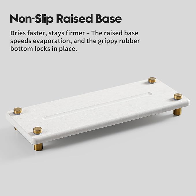 Razborci Stone Drying Tray, Gold Sink Caddy, Water Absorbing Faucet Mat Kitchen Sink Organizer, Diatomite Bathroom Counter Coaster, Soap Dish Rack Riser Dispenser Sponge Holder, Beige 10" x 4"