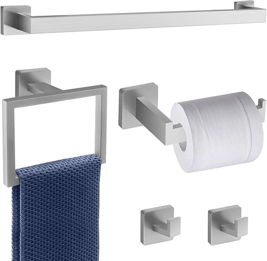 5 Piece Brushed Nickel Towel Bar Set Bathroom Hardware Set Brushed Nickel Bathroom Accessories Set with 2 Towel Hook, Stainless Steel Wall Mounted Bathroom Towel Rack Set Square 16-Inch