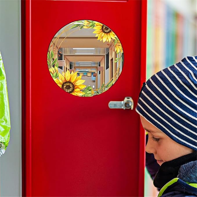 Magnetic Locker Mirror, Sunflower Decor Acrylic Mirror Magnetic Decorative Mirror, Personal Makeup Mirror Floral Magnetic Mirror for School Locker Refrigerator Office Bedroom Home Decor (Round)