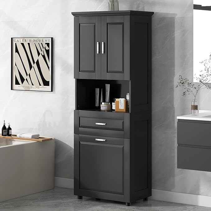 Virubi Laundry Cabinet with Tilt Out Laundry Hamper and Drawer, Wood Tall Bathroom Storage Cabinet with Doors and Adjustable Shelves, Freestanding (Black)