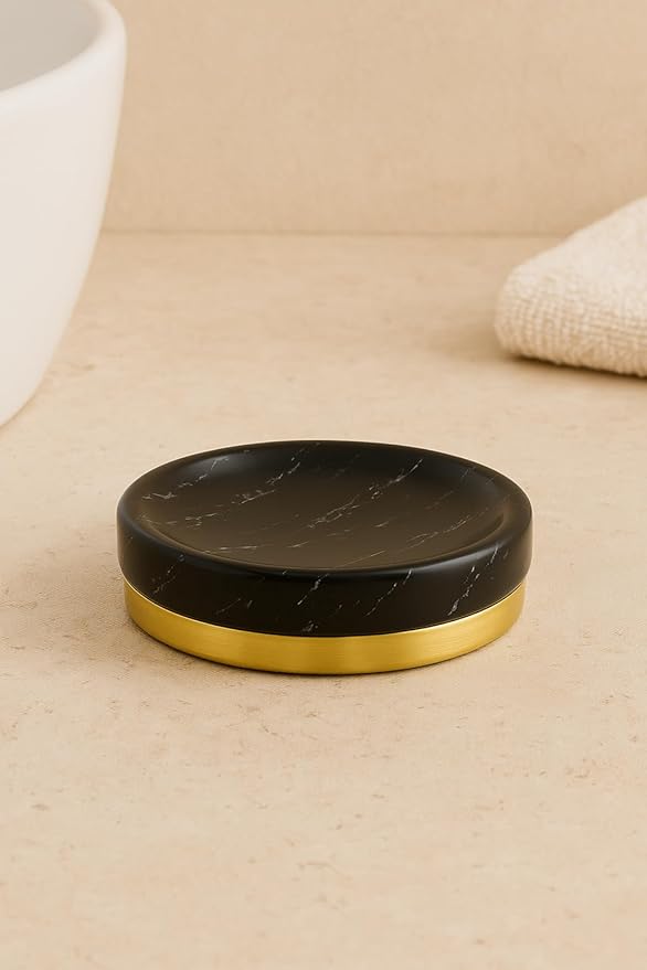 WPM 4 Piece Ceramic Bathroom Accessories Set - Marble Look Black Gold - Our Complete Bath Decor Kit Includes Designer Soap or Lotion Dispenser - Toothbrush Holder - Tumbler - Soap Dish