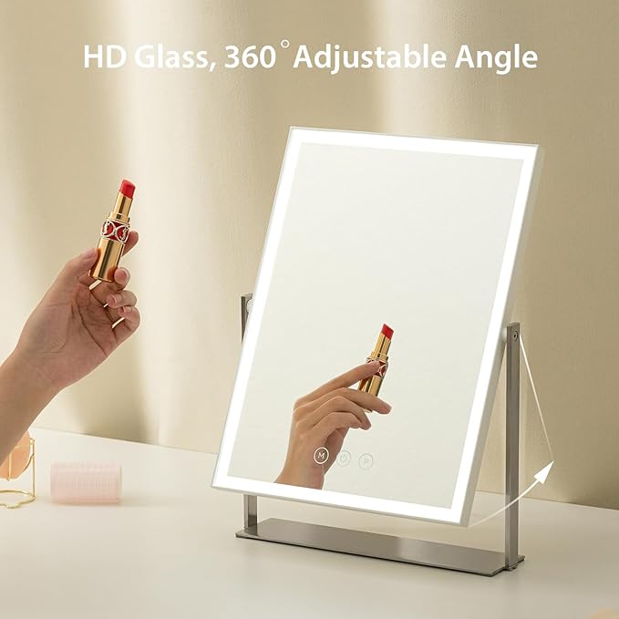 NEZZOE Rechargeable Vanity Mirror with Lights, Table Mirror with Stand, Makeup Mirror with 3 Colors and Brightness Adjustable, 3000mAh Battery, 14×10 Inch