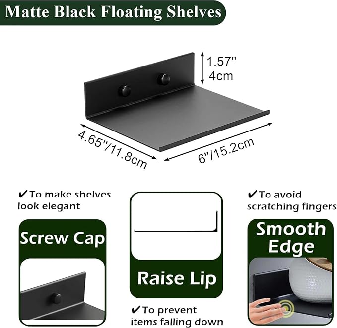 Z metnal 2 Pack 6 Inch Metal Floating Shelves with Safety Lip, Small Wall Mounted Shelf Holds Up to 2.2 Lbs, Matte Black Lightweight Display Ledge with Hidden Screw Caps for Bathroom, Bedroom