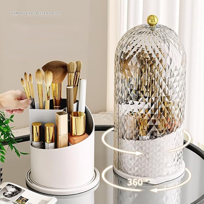 Makeup Brush Holder Organizer with 360° Rotating Lid Dustproof Makeup Brushes Organizer for Vanity Desktop Bathroom Countertop Clear Cover Easy Visibility (White)