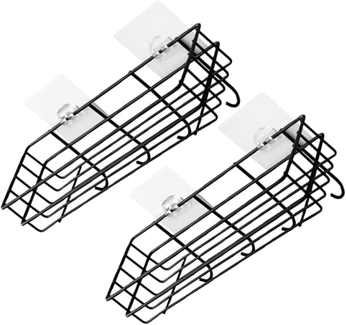 SHINEOFI Wall-Mounted Punch-Free Iron Storage Rack with Hooks, 2pcs Black Multipurpose Organizer Shelf for Bathroom and Kitchen Sundries Storage