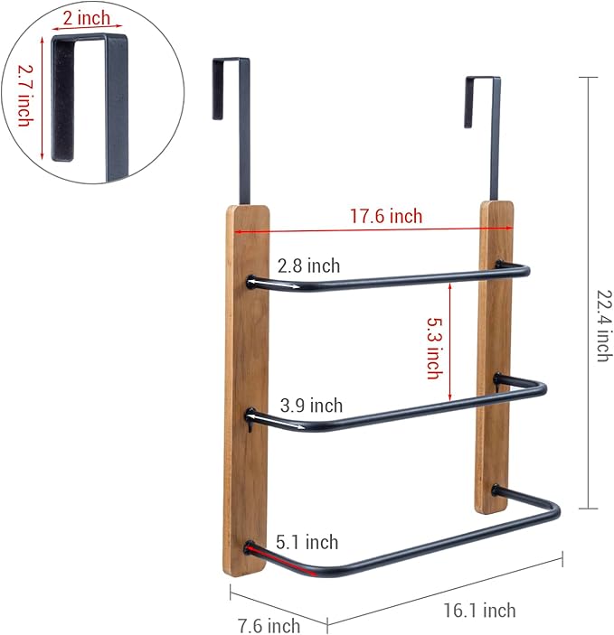 MyGift Over The Door Towel Rack for Bathroom, Rustic Solid Burnt Wood Towel Storage Organizer, 3 Tier Matte Black Metal Towel Bar, Space Saving Bathroom Door Hanging Towel Holder