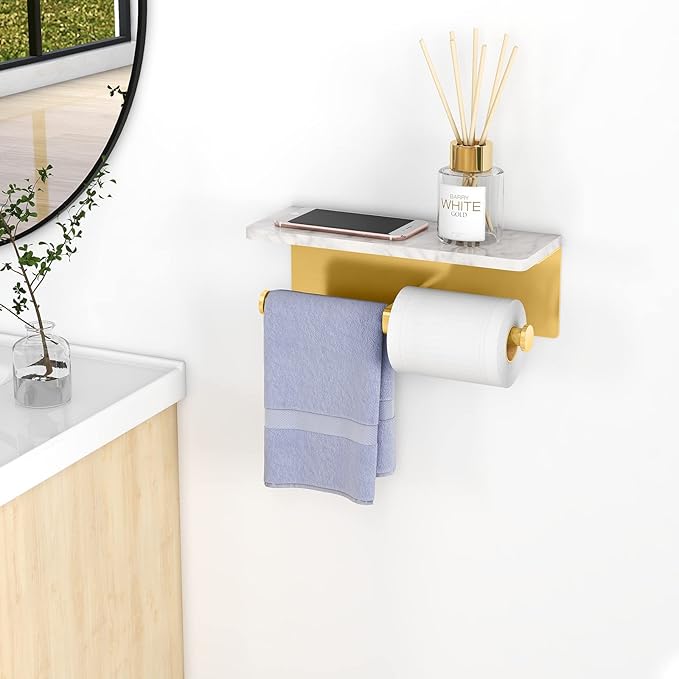 Brushed Gold Toilet Paper Holder with Shelf, New Upgrade Double Toilet Paper Holder with Storage, Marble Roll Toilet Paper Wall Mount for Bathroom Washroom